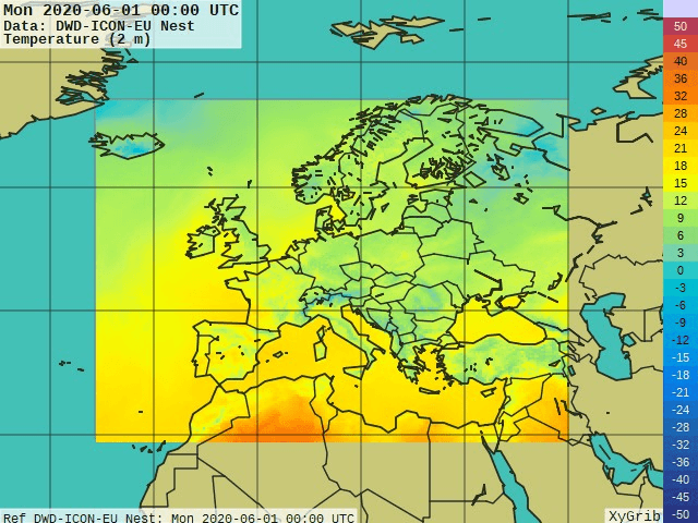 2m-Temperaturverlauf einer ICON-EU Wettervorhersage (01.06.2020 00 UTC Modelllauf) über Deutschland, dargestellt mit XyGrib