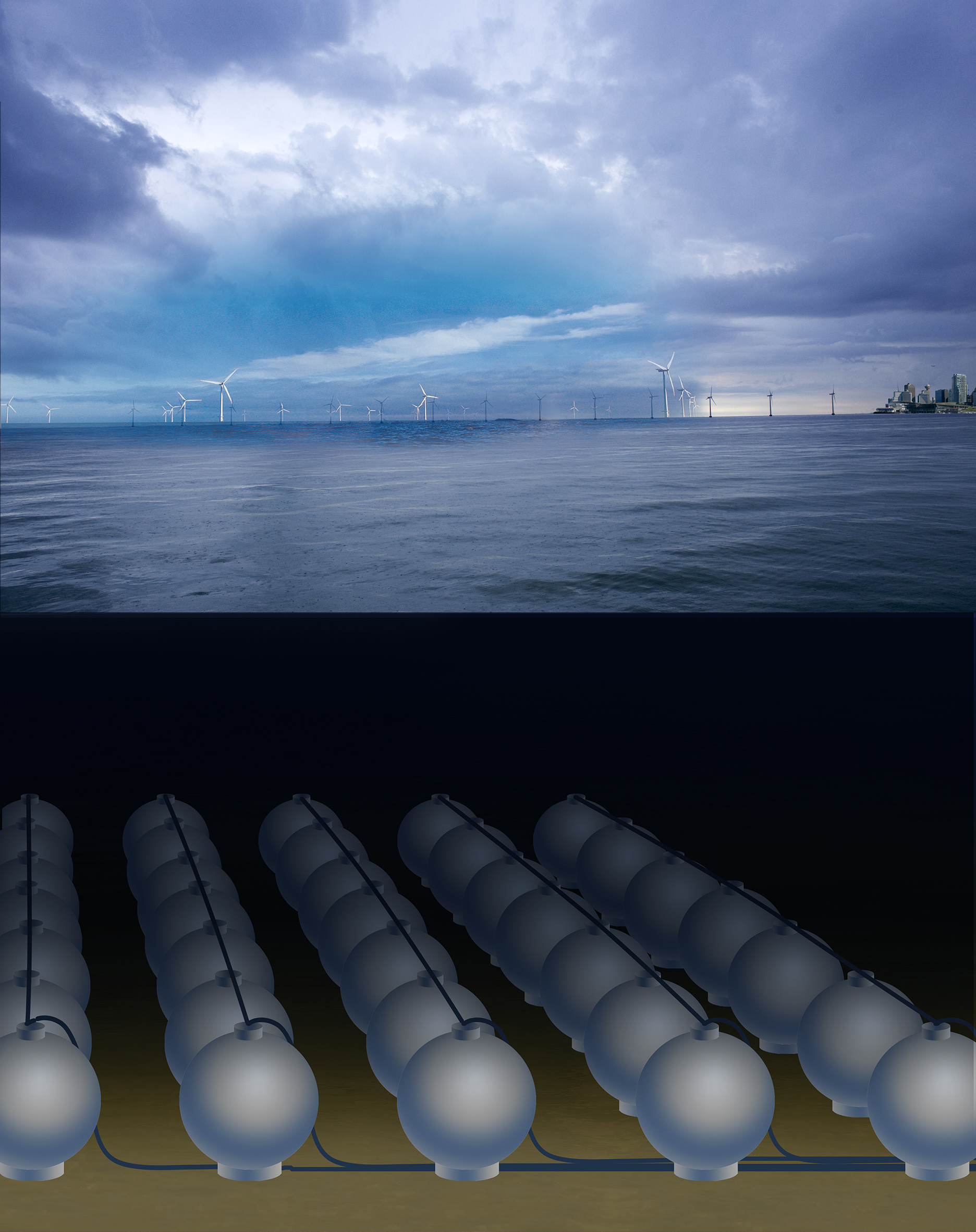 Konzept für ein Meeres-Pumpspeicherkraftwerk mit vielen Kugelspeichern  (ca. 30 m Durchmesser) in 600 - 800 Metern Wassertiefe zur Zwischenspeicherung von Offshore-Strom 