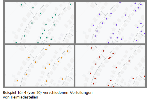 Beispiel für 4 (von 50) verschiedenen Verteilungen von Heimladestellen in einem Wohngebiet.