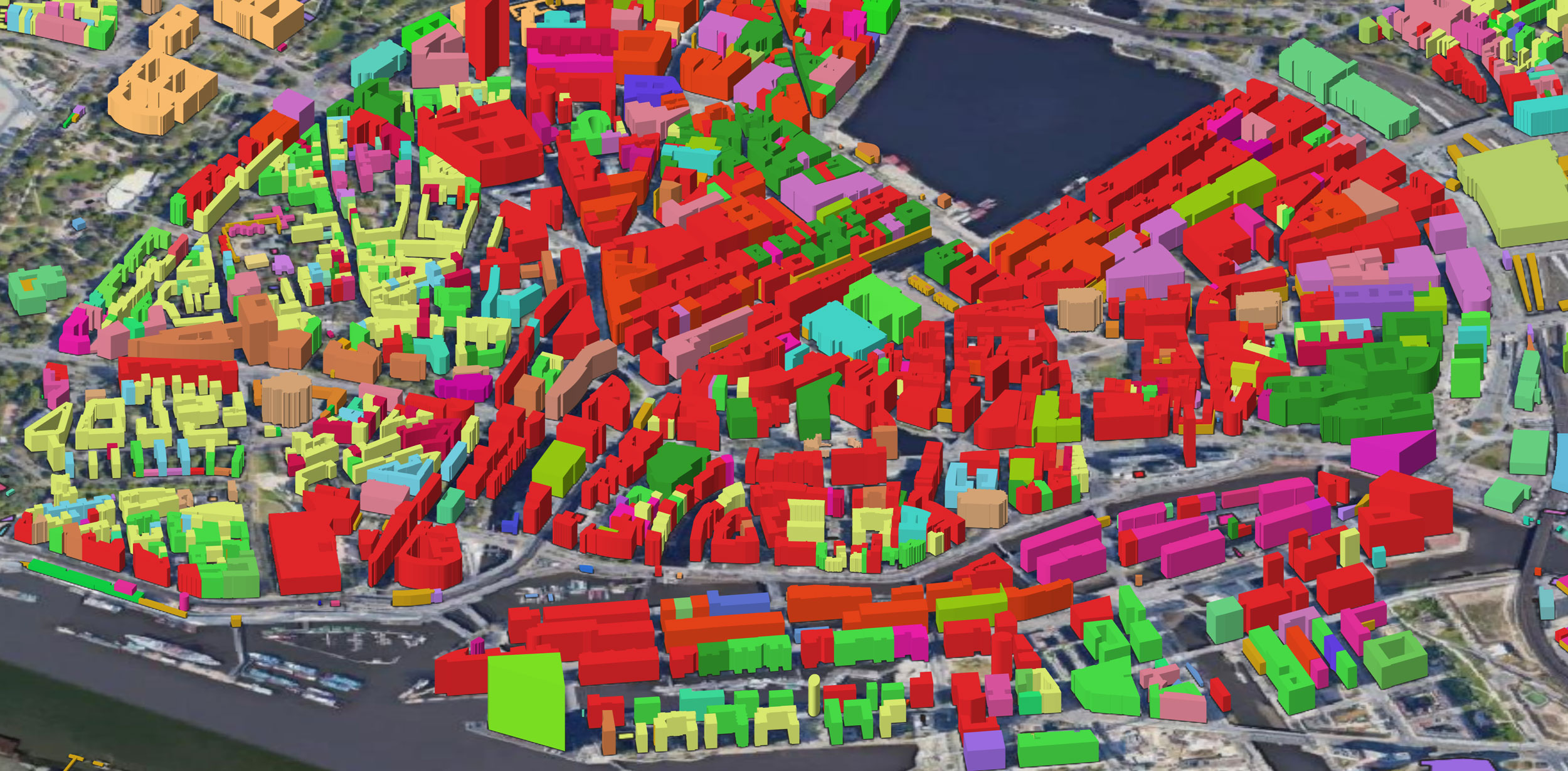 3D-Gebäudemodell der Hamburger Innenstadt mit Differenzierung nach Gebäudefunktion. Darstellung mithilfe von verschiedenen Farben 