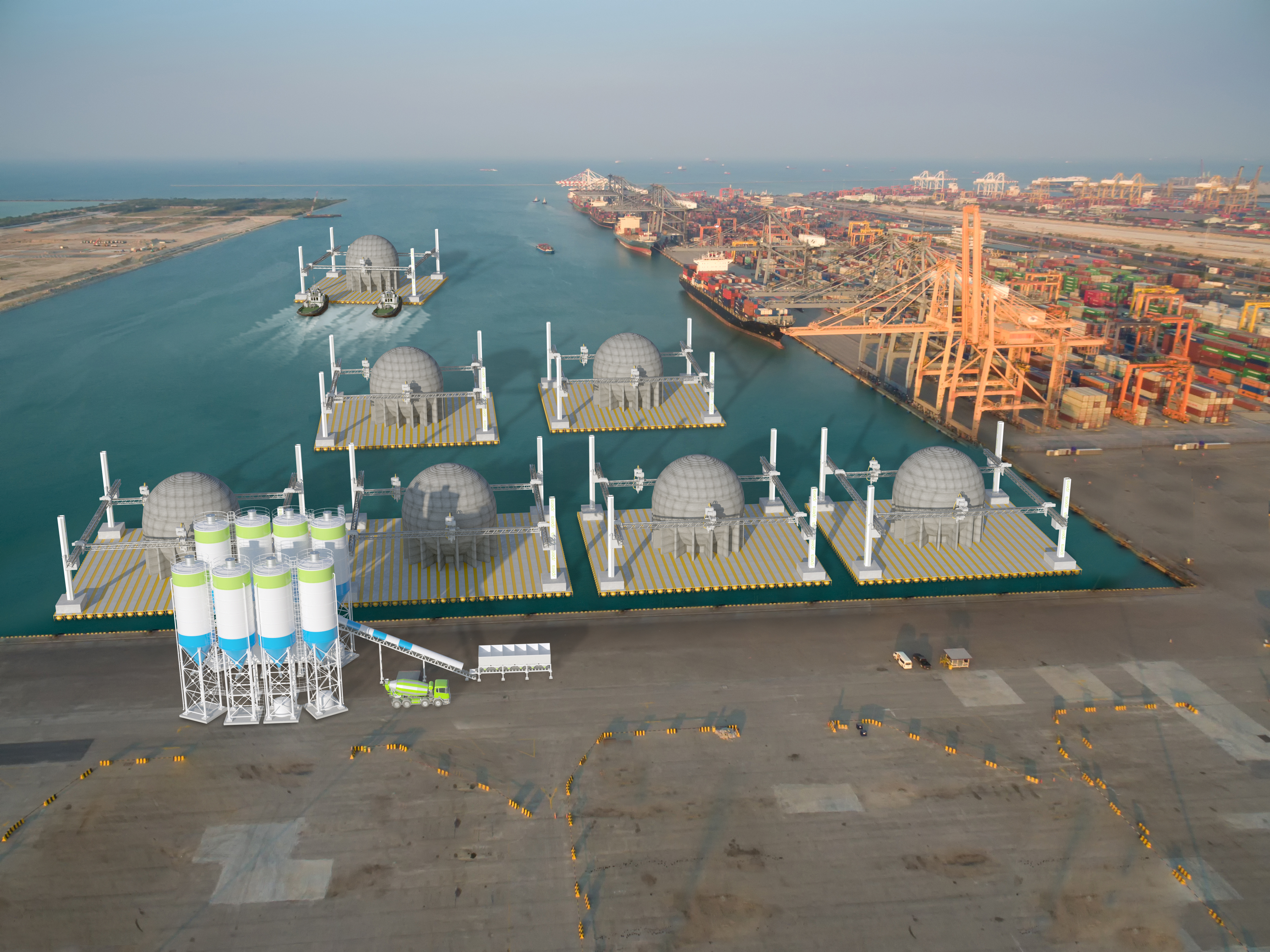 Ship for container with working crane bridge in shipyard for Logistic Import Export background